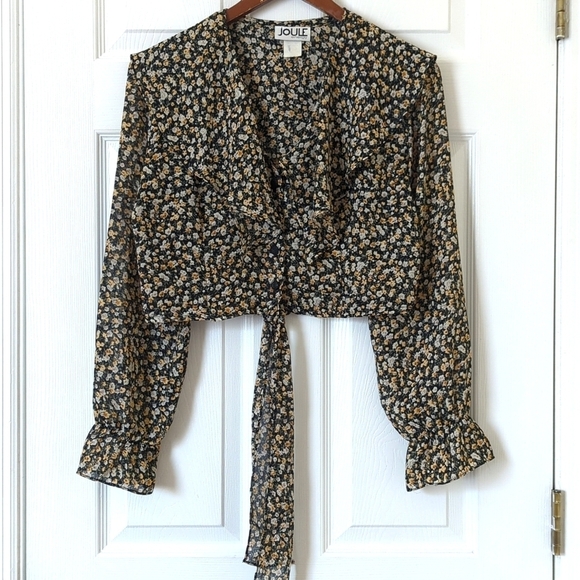 Joule Energy 80's Vintage Floral Button Down Tie Front Cropped Blouse Black M - Picture 1 of 12